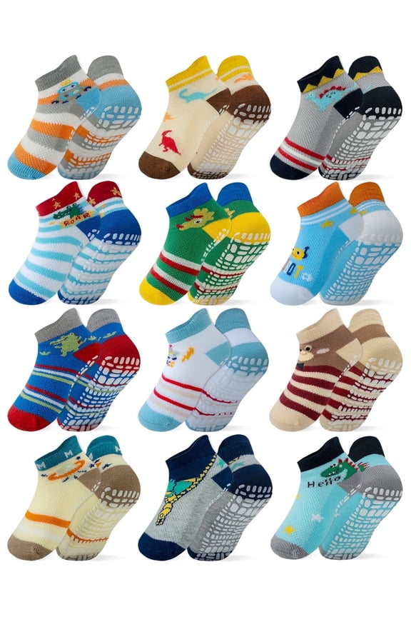 Ankle Anti Slip Non Skid Cotton Socks with Grips Grippers for 0-6 Month Babies Baby Infant Boy Boys Girls (0-6 Months, 12-Pairs/Animal world)