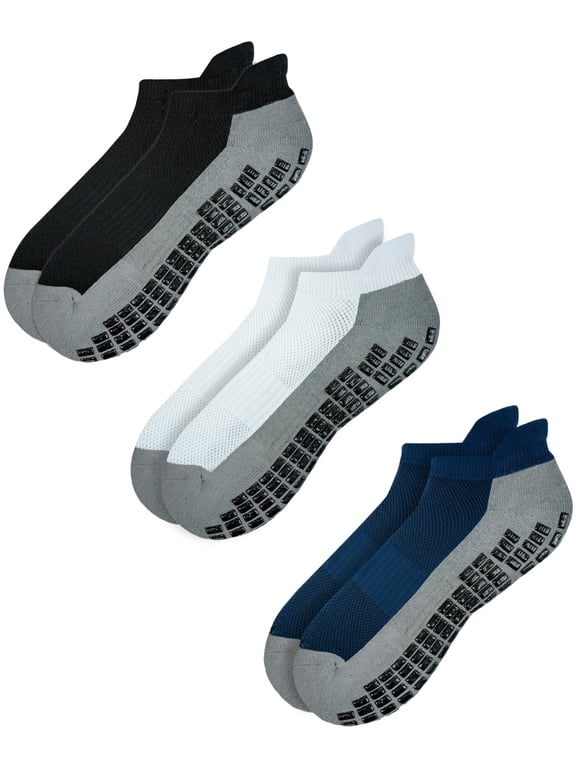 Anti-Slip Hospital Yoga Socks for Men and Women, Super Grip Non-Skid Socks, 3 Pairs, Black/White/Navy, X-Large