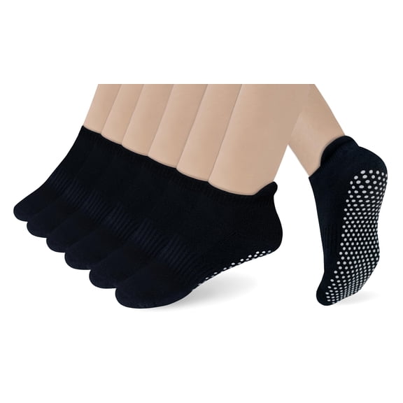 RATIVE Pilates Grip Socks for Women & Men, Anti-Slip Ankle Socks with Grips for Yoga, Hospital & Barre, Small, Black, 6 Pairs