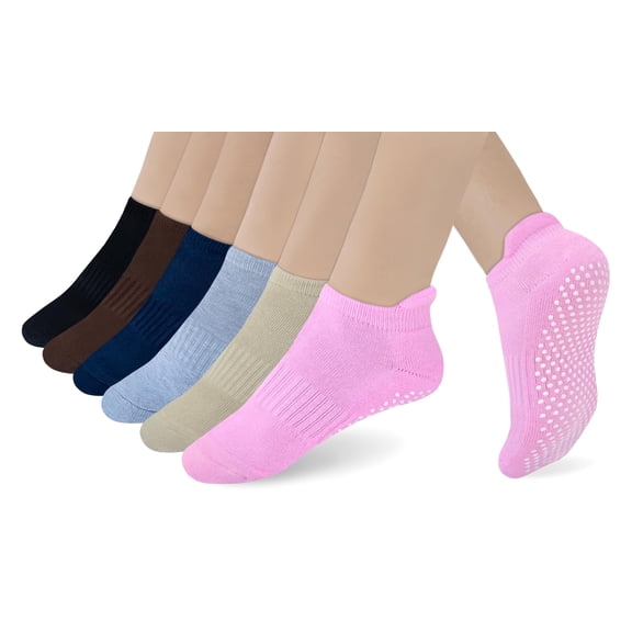 RATIVE Anti Slip Non Skid Barre Yoga Pilates Hospital Ankle Socks with grips for Adults Men Women (Small, 6-pairs/multi)