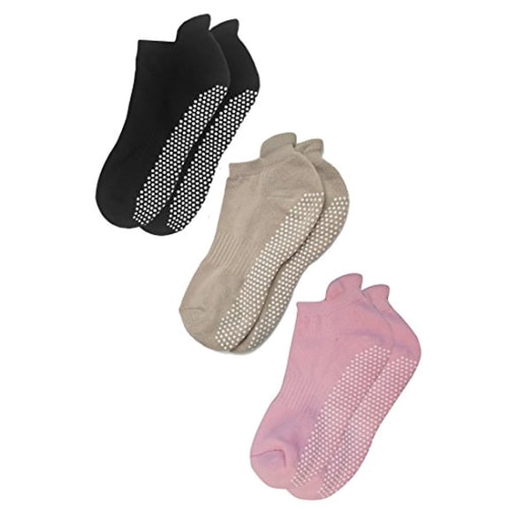 RATIVE Anti Slip Non Skid Barre Yoga Pilates Hospital Socks with grips for Adults Men Women (Medium, 3-pairs/black+beige+pink)