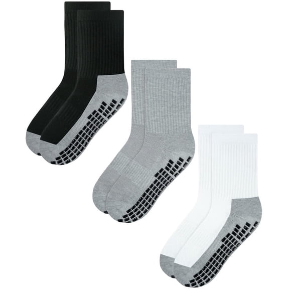 RATIVE Anti Slip Non Skid Slipper Hospital Crew Socks with grips for Adults Men Women (XXL, 3 pairs/black grey white)