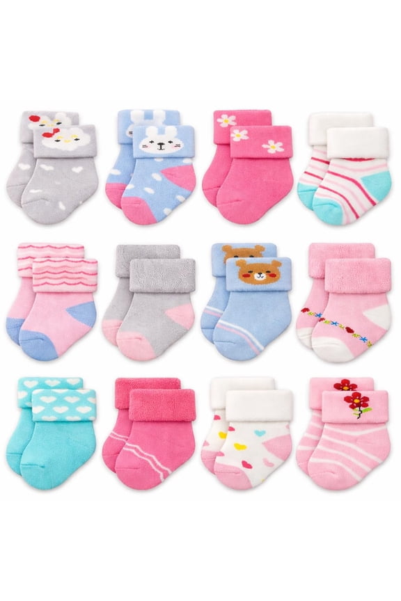 Infant Baby Socks 6-12 Months Thick Terry Turn Cuff Socks for Baby Girls (6-12 Months, 12-pairs/BG12)