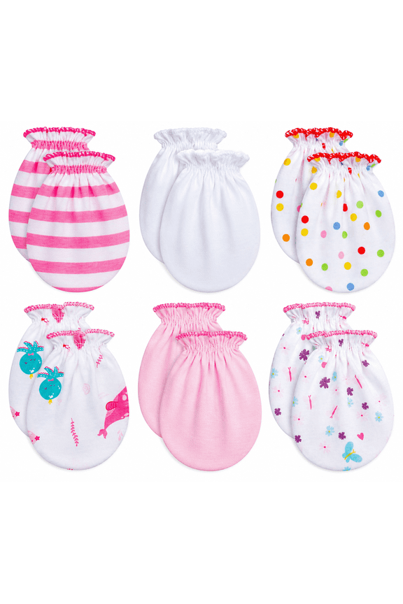 Organic Cotton No-Scratch Baby Mittens for Newborn Girls, 0-6 Months, 6 Pairs, g46