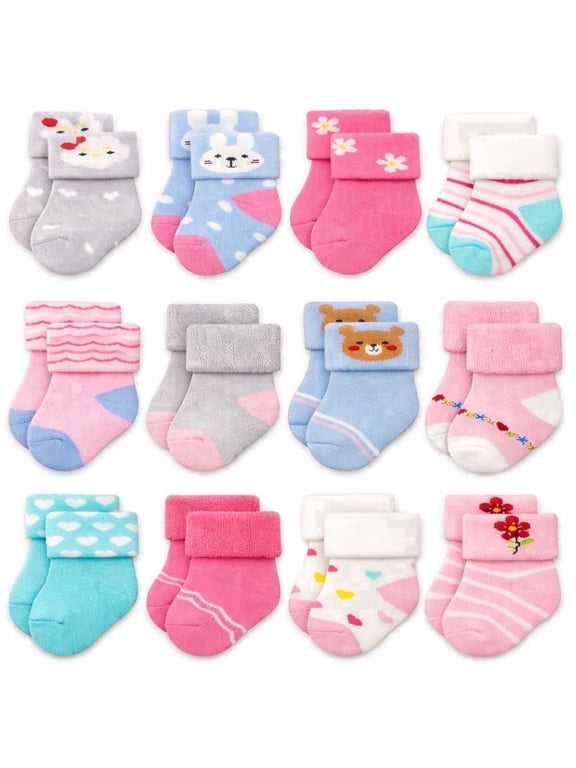 Newborn Socks Thick Terry Turn Cuff Socks for Baby Girls 0-6 months, 12-pairs, BG12