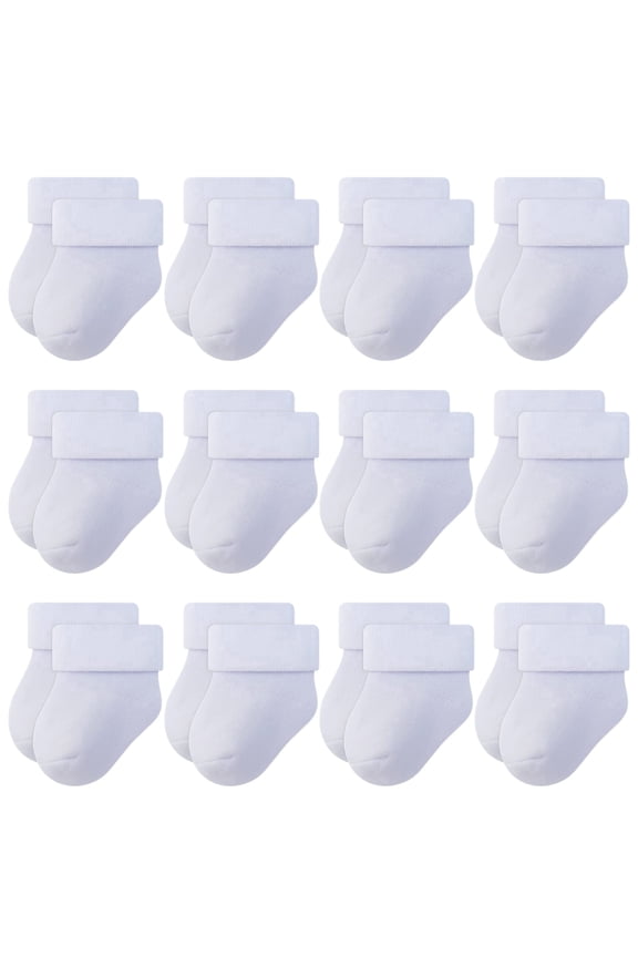 Thick Terry Turn Cuff Newborn Socks for Baby Boys and Girls, White, 0-6 Months, 12 Pairs