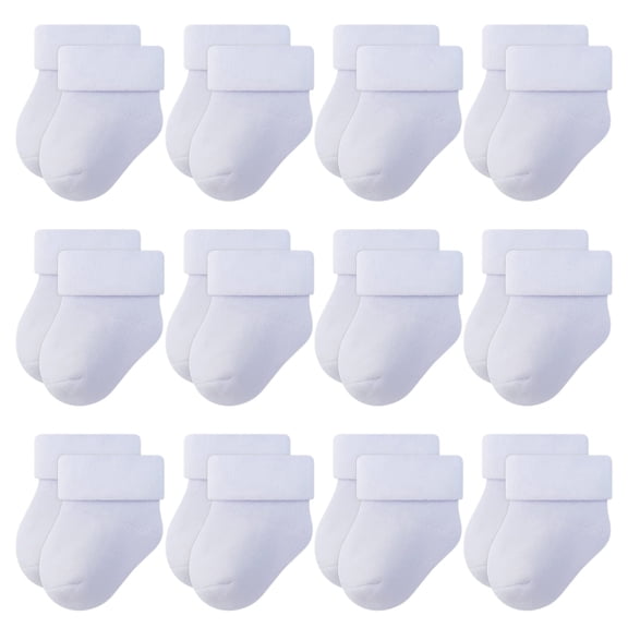 RATIVE Newborn Socks Thick Terry Turn Cuff Socks for Unisex Baby Boy and Girl (0-6 months, 12-pairs/white)