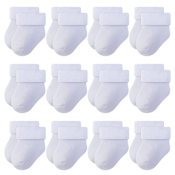 RATIVE Thick Terry Turn Cuff Newborn Socks for Baby Boys and Girls, White, 0-6 Months, 12 Pairs