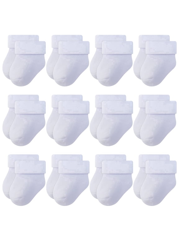 Thick Terry Turn Cuff Newborn Socks for Baby Boys and Girls, White, 0-6 Months, 12 Pairs