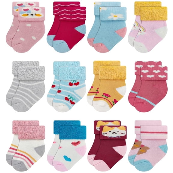 RATIVE Newborn Socks Thick Terry Turn Cuff Socks for Unisex Baby Boys and Girls (0-6 months, 12-pairs/BG22)