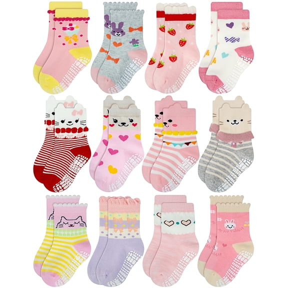 RATIVE Anti Slip Cotton Crew Socks with Grips for Baby and Toddler Girls, Size 1-3T, 12 Pairs, RG-820821