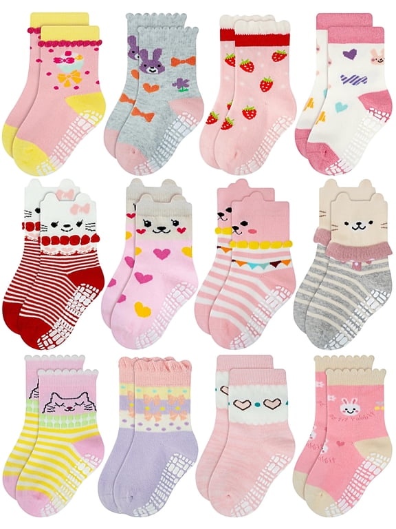 Anti Slip Cotton Crew Socks with Grips for Baby and Toddler Girls, Size 1-3T, 12 Pairs, RG-820821