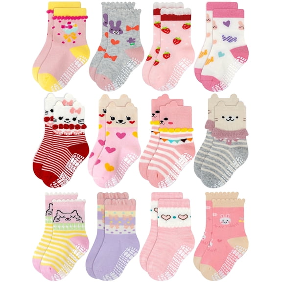 RATIVE Non Skid Anti Slip Cotton Dress Crew Socks With Grips For Baby Infant Toddler Kids Girls (6-12 Months, RG-820821)