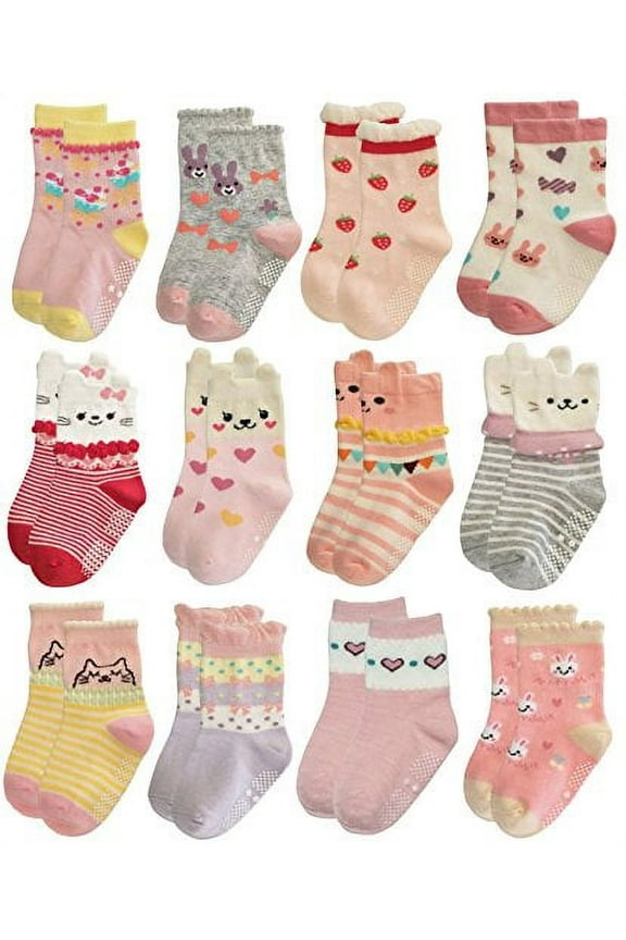 Non Skid Anti Slip Cotton Dress Crew Socks With Grips For Baby Infant Toddler Kids Girls (6-12 Months, RG-820821)