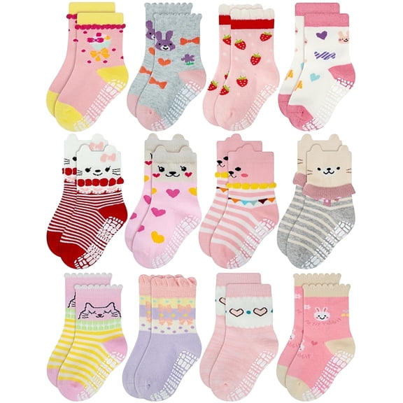 RATIVE Non Skid Anti Slip Cotton Dress Crew Socks with Grips for Baby Infant Toddler Kids Girls (3-5T, RG-820821)