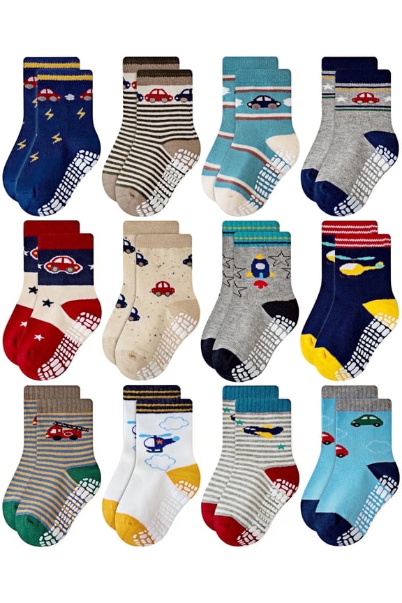 Non Skid Anti Slip Slipper Cotton Crew Dress Socks With Grips for Baby Toddlers Kids Boys (0-6 Months, 12-pairs/RB-71112)