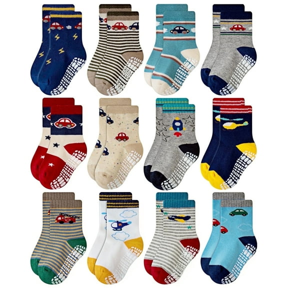 RATIVE Non Skid Anti Slip Slipper Cotton Crew Dress Socks With Grips for Baby Toddlers Kids Boys (0-6 Months, 12-pairs/RB-71112)