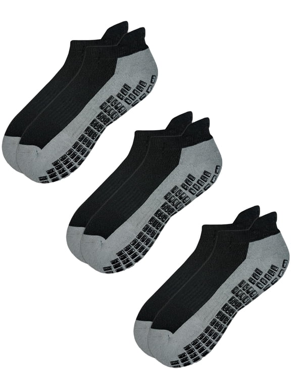 Super Grips Anti Slip Non Skid Yoga Hospital Ankle Socks for Adults Mens Womens X-Large (XL,3-Pairs/Black)