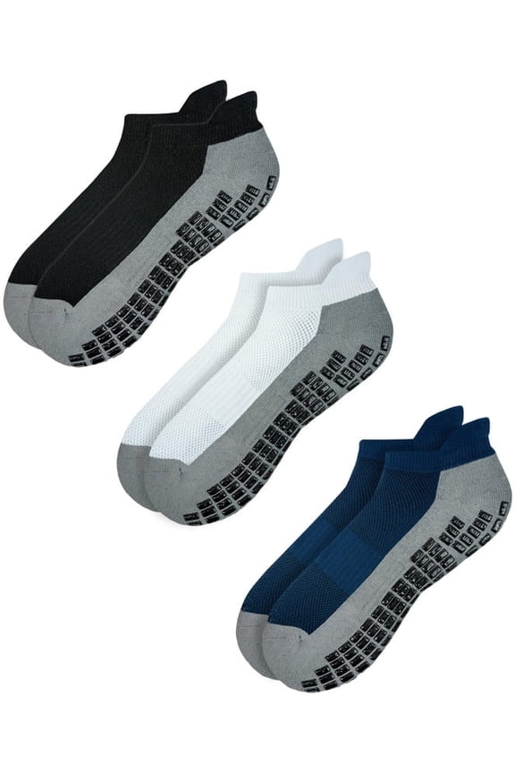 Super Grips Anti Slip Non Skid Yoga Hospital Socks for Adults Men Women (Large, 3-Pairs/Black+White+Navy)