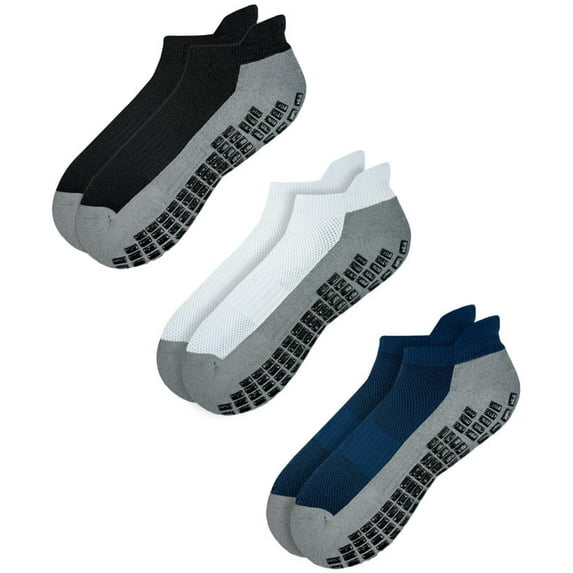 RATIVE Super Grips Anti Slip Non Skid Yoga Hospital Socks for Adults Men Women (Large, 3-Pairs/Black+White+Navy)