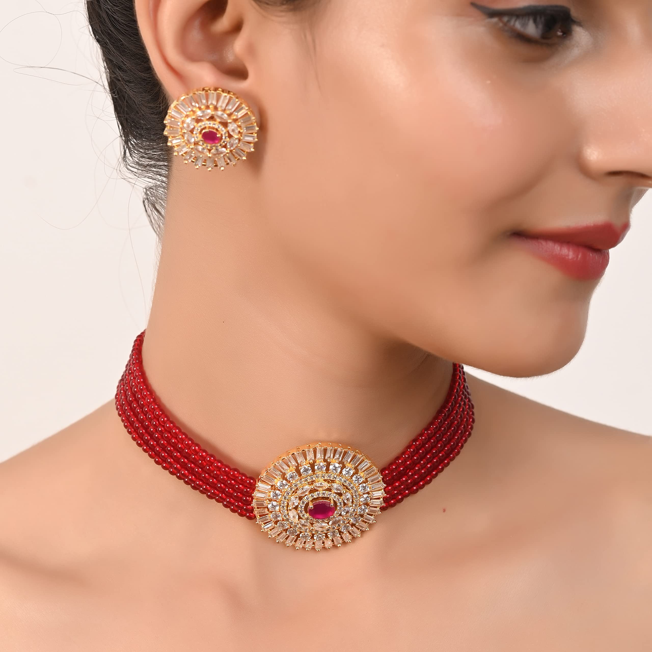 Ruby Cubic Zirconia Choker Set | Pakistani Jewelry| CZ Necklace | Crystal Necklace | Statement deals Jewelry | Bridal Necklace | Indian Necklace