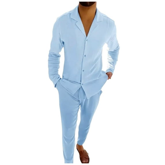 RATTOYY Casual Mens Clothes Suits Imitation Cotton Linen Solid Color Large Size Long Sleeve Pocket Shirt Trousers Male Comfy Chic Handsome Dreesy Fancy Sets