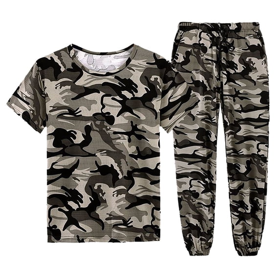 RATTOYY Clothing Sets Two Piece Men Camo T Shirt Sports Short Sleeve Crewneck Shirt Cargo Pants Hiking Drawstring Pocket Athletic Joggers Pants Male Clothes Sets Vacation Cute Basic Dailywear