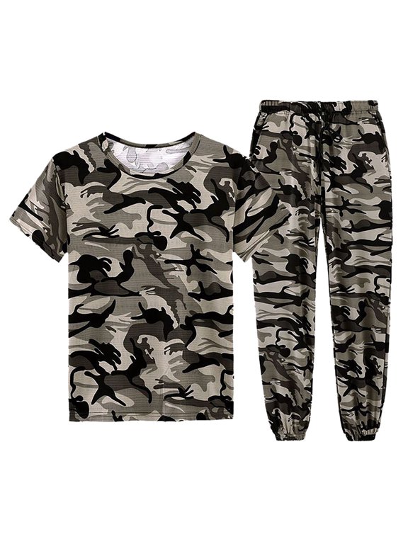 Clothing Sets Two Piece Men Camo T Shirt Sports Short Sleeve Crewneck Shirt Cargo Pants Hiking Drawstring Pocket Athletic Joggers Pants Male Clothes Sets Vacation Cute Basic Dailywear