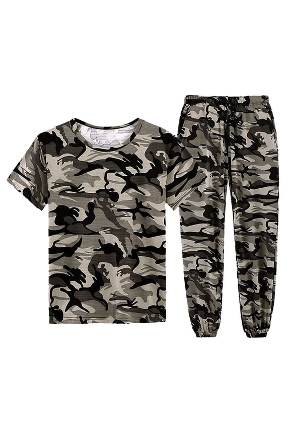 Clothing Sets Two Piece Men Camo T Shirt Sports Short Sleeve Crewneck Shirt Cargo Pants Hiking Drawstring Pocket Athletic Joggers Pants Male Clothes Sets Vacation Cute Basic Dailywear