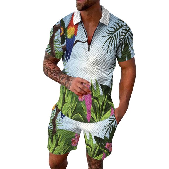 RATTOYY Clothing Sets Two Piece Men Parrot Printing Zip Drawstring Lapel Shirt Shorts Outfits Male Classic Sportwear Sets Outdoor Tracksuits