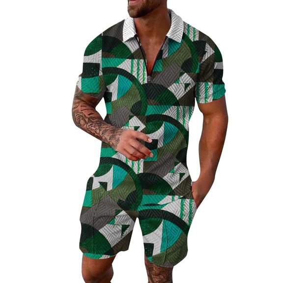 RATTOYY Cute Two Piece Outfits For Men Printing Zip Drawstring Lapel Shirt Shorts Outfits Male Comfy Chic Handsome Dreesy Fancy Sets