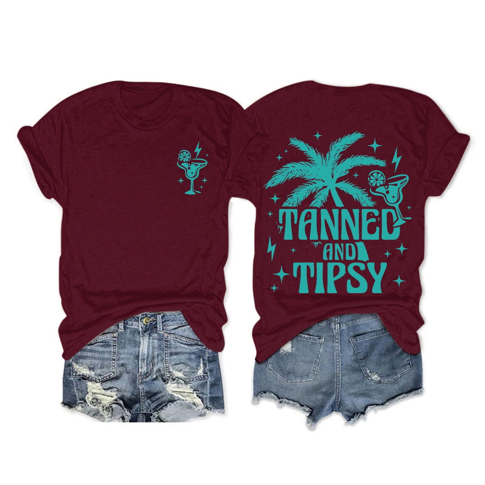 RATTOYY Fall Tshirts For Women Tanned For Beach Summer Coconut Tree Red