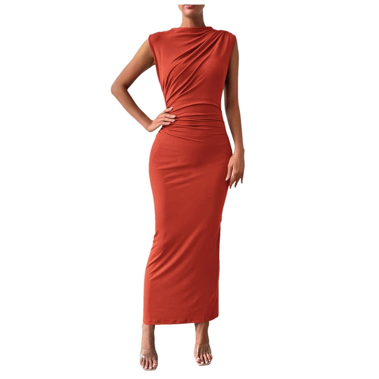 RATTOYY Leisure Women Ruched Bodycon Dress Summer Sleeveless Back Slit Club  Evening Party Maxi Ladies Relaxed Fit Dresses