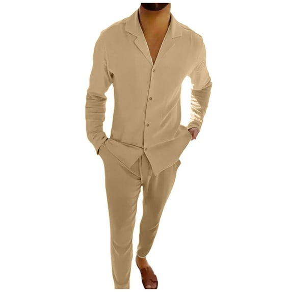 RATTOYY Men'S Clothes Sets Trendy Imitation Cotton Linen Solid Color Large Size Long Sleeve Pocket Shirt Trousers Male Comfy Chic Handsome Dreesy Fancy Sets