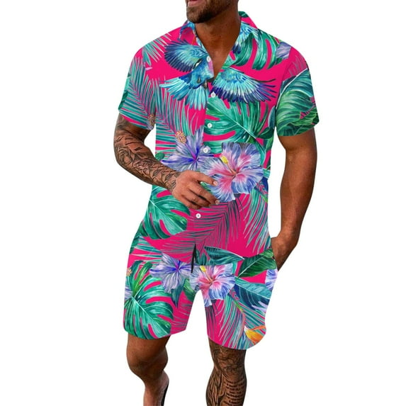 RATTOYY Men'S Two Piece Sets Trendy Spring Summer Sports Hawaii Beach Style Flower Print Short Sleeve Shirt Pants Outfits Male Comfortable Soft Travel Trendy Oufits