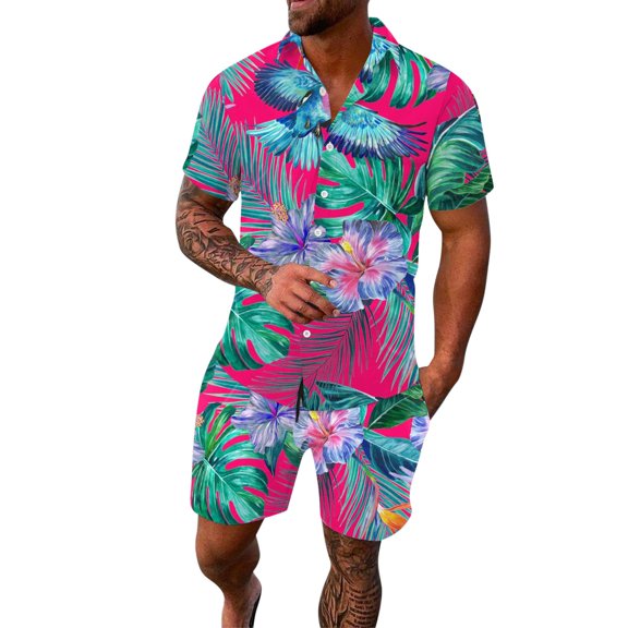 RATTOYY Mens Two Piece Outfits Spring Summer Sports Hawaii Beach Style Flower Print Short Sleeve Shirt Pants Sets Male Fashion Casual Comfy Soft Sportwear