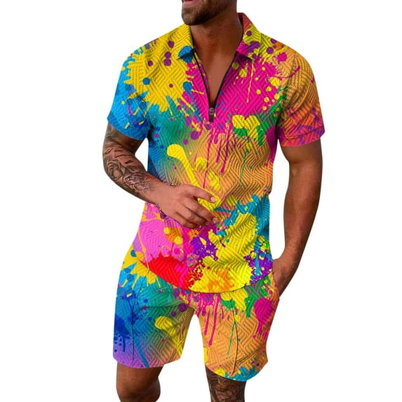 RATTOYY Two Piece Outfits For Men Casual Seaside Beach Holiday Colorful Printing Zip Short Sleeve Shirt Shorts Sets Male Handsome Vintage Tracksuits Leisure Streetwear