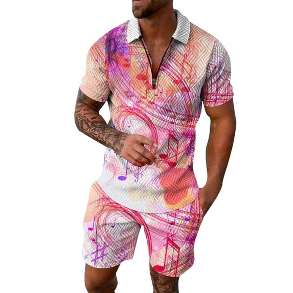 RATTOYY Two Piece Sets For Men Going Out Musical Notes Printing Zip Drawstring Lapel Shirt Shorts Outfits Male Comfy Chic Handsome Dreesy Fancy Sets