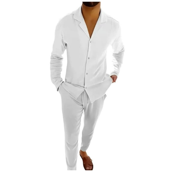 RATTOYY Two Piece Sets For Men Going Out Imitation Cotton Linen Solid Color Large Size Long Sleeve Pocket Shirt Trousers Male Clothes Sets Vacation Cute Basic Dailywear