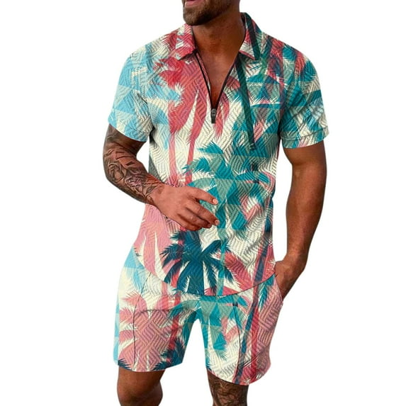 RATTOYY Two Piece Sets For Men Going Out Seaside Beach Holiday Colorful Printing Zip Short Sleeve Shirt Shorts Outfits Male Comfort Fashionable Basic Casual Sets