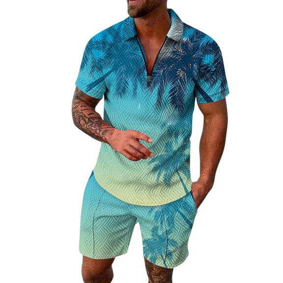 RATTOYY Two Piece Sets For Men Going Out Seaside Beach Holiday Colorful Printing Zip Short Sleeve Shirt Shorts Outfits Male Comfortable Soft Travel Trendy Oufits