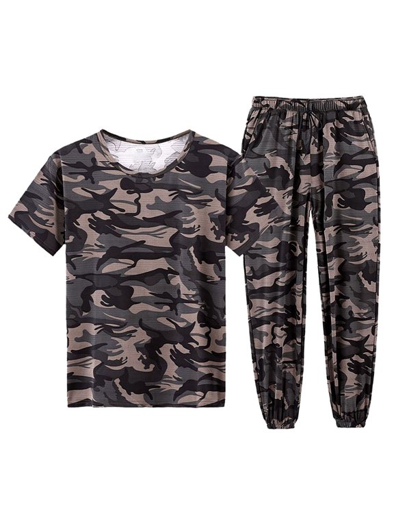 Two Piece Sets For Men Trendy Camo T Shirt Sports Short Sleeve Crewneck Shirt Cargo Pants Hiking Drawstring Pocket Athletic Joggers Pants Male Handsome Tracksuits Leisure Streetwear