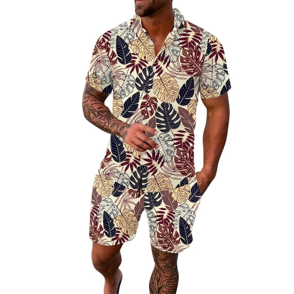RATTOYY Two Piece Sets For Men Trendy Spring Summer Sports Hawaii Beach Style Tropical Flowers Short Sleeve Shirt Sets Male Classic Sportwear Sets Outdoor Tracksuits