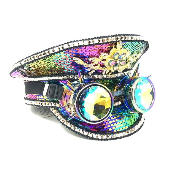 RAVE Captain Style Luxury Rhinestone Sequin Sparkly Concert Hat for Music Festivals