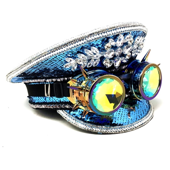 RAVE Captain Style Luxury Rhinestone Sequin Sparkly Concert Hat for Music Festivals