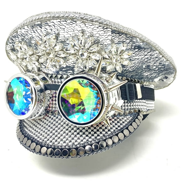 RAVE Captain Style Luxury Rhinestone Sequin Sparkly Concert Hat for Music Festivals