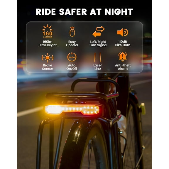 RAVEMEN NT101 Bike Tail Light with Turn Signals - 160lm Rear Bicycle Light for Night Riding Safety