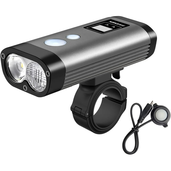RAVEMEN PR1200 Bike Light with Anti-Glare Beam, 1200 Lumens 5200mAh Front Headlight with Wired Remote, USB Output, LED Display, IPX8 Waterproof for Mountain Biking, Road Cycling, Commuter