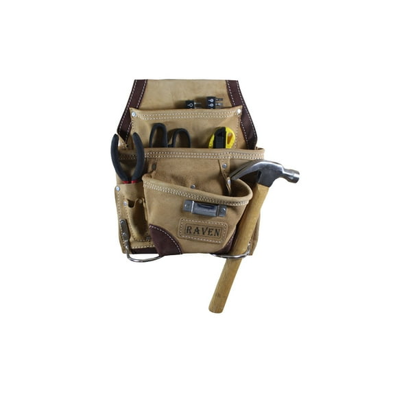 RAVEN 9 Pockets & 2 Hammer Holders Tool Pouch | 13 x 9.5" | Durable Brown Design | Fits Most Belts | Pro's Choice for Construction & Mechanics