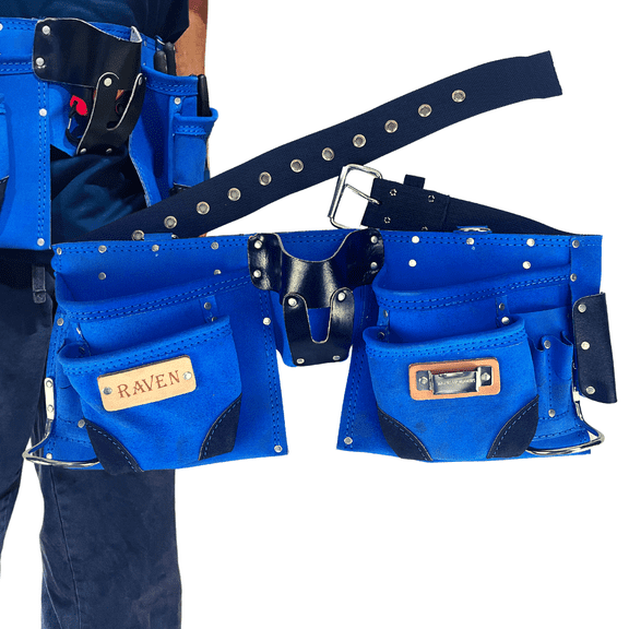 RAVEN Blue Utility Tool Pouch Belt with 12 Pockets | Extensive Storage & Durability | 7.75" (19.7 cm) & 5" (12.7 cm) Deep Pockets | Adjustable up to 48" (122 cm) | Ideal for Construction & Carpentry